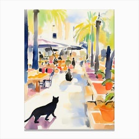 Food Market With Cats In Ibiza 4 Watercolour Canvas Print