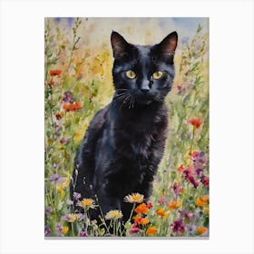 A Black Cat Amongst The Wildflowers - Summer Flowers Meadow Litha Traditional Watercolor Art Print Kitty Travels Home and Room Wall Art Cool Decor Klimt and Matisse Inspired Modern Awesome Cool Unique Pagan Witchy Witches Familiar Gift For Cats Lady Animal Lovers World Travelling Genuine Works by British Watercolour Artist Lyra O'Brien Canvas Print