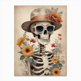 Vintage Floral Skeleton With Hat And Sunglasses (30) Canvas Print