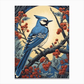Vintage Bird Linocut Blue Jay 8 Canvas Print