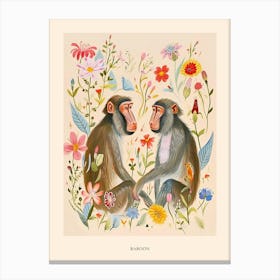 Folksy Floral Animal Drawing Baboon Poster Canvas Print