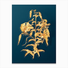 Vintage Tiger Lily Botanical in Gold on Teal Blue Canvas Print
