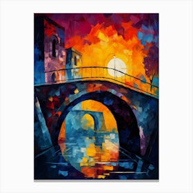 Old Town Stone Bridge in Sunset, Vibrant Colorful Painting in Van Gogh Style Canvas Print