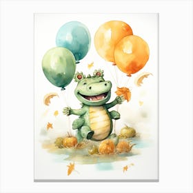 Crocodile Flying With Autumn Fall Pumpkins And Balloons Watercolour Nursery 3 Canvas Print