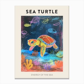Sea Turtle & Friends At Night In The Ocean Poster Canvas Print