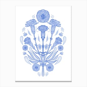 Blue Carnations Bouquet Indian Mughal Style Line Drawing Canvas Print