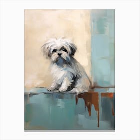 Shih Tzu Dog, Painting In Light Teal And Brown 3 Canvas Print