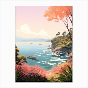 An Illustration In Pink Tones Of A Boat And Trees Overlooking The Ocean 3 Canvas Print