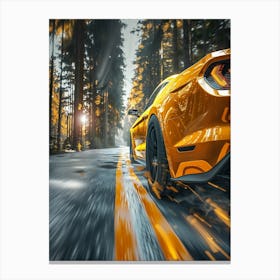 Golden Mustang Driving In The Forest Canvas Print