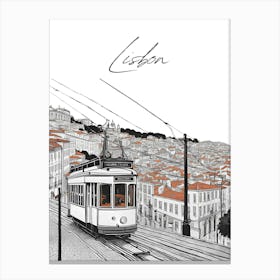 Lisbon Tram City, Black And White Illustration Canvas Print