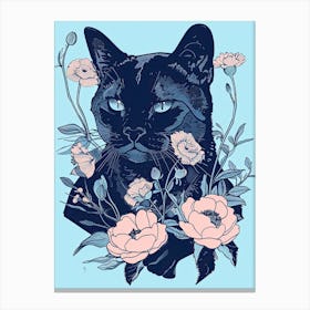 Cute Russian Blue Cat With Flowers Illustration 1 Canvas Print