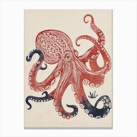 Red & Blue Octopus Retro Linocut Inspired 2 Canvas Print