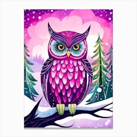 Pink Owl Snowy Landscape Painting (221) Canvas Print