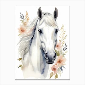 Floral White Horse Watercolor Painting (5) Canvas Print