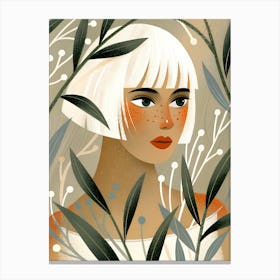 Blonde Woman Girl with Leaves, Short White Hair Canvas Print