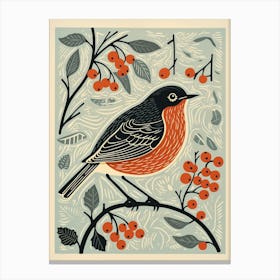 Vintage Bird Linocut European Robin 3 Canvas Print