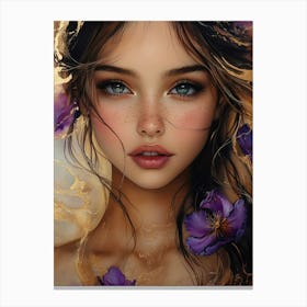 Beautiful Girl With Purple Flowers Canvas Print