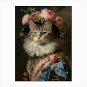 Blue & Pink Rococo Style Painting Of A Cat 2 Canvas Print