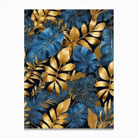 Blue And Gold Tropical Leaves Art Print Canvas Print