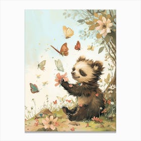 Sloth Bear Cub Playing With Butterflies Storybook Illustration 3 Canvas Print