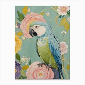 Parrot With Flowers In Pastel Colours Canvas Print