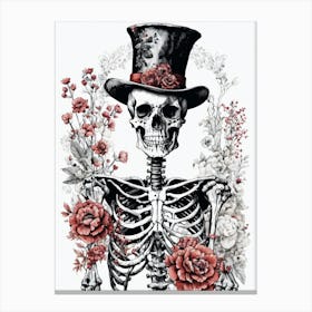 Floral Skeleton With Hat Ink Painting (65) Canvas Print