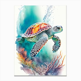 A Single Sea Turtle In Coral Reef, Sea Turtle Cute Neon 2 Canvas Print