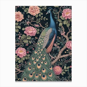 Navy Blue & Pink Flower Peacock Canvas Print
