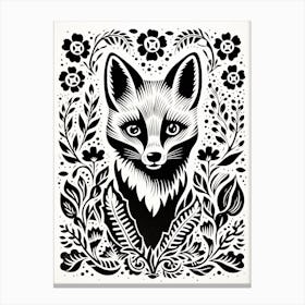 Fox In The Forest Linocut White Illustration 22 Canvas Print