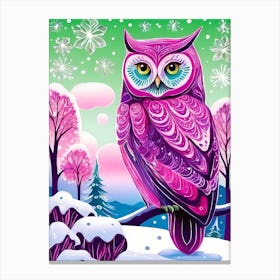 Pink Owl Snowy Landscape Painting (147) Canvas Print