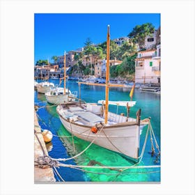 Cala Figuera with anchoring boats at beautiful seaside coast scenery on Mallorca island, Spain Canvas Print