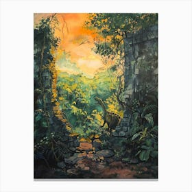 Dinosaur By An Abandoned Wall Covered In Vines Painting Canvas Print
