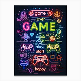 Design A Neon Wallpaper With Video Game Icons Such As Controllers And Gaming Symbols And The Word Game Over In Bold Letters At The Top Center Stampe su tela