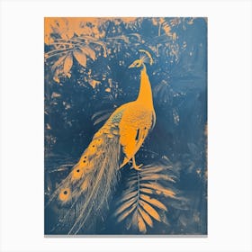 Orange & Blue Cyanotype Inspired Peacock With Tropical Leaves 4 Canvas Print