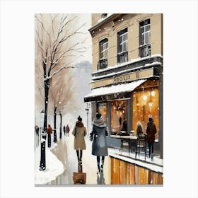 Paris cafes, winter season, Christmas, autumn oil colors, pale colors, pedestrians in the street, winter clothes, falling snow.Christmas decorations.3 1 Canvas Print