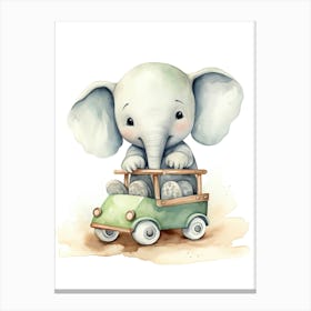 Baby Elephant On Toy Car, Watercolour Nursery 0 Canvas Print