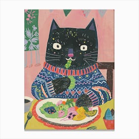 Black Cat Eating Salad Folk Illustration 2 Canvas Print