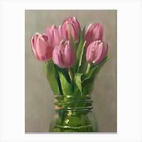 Pink Tulips In A Mason Jar Canvas Print