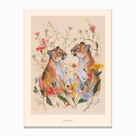 Folksy Floral Animal Drawing Cougar 2 Poster Canvas Print