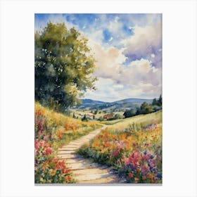 A Walk in the English Countryside Vibrant Summer Meadow Art Print Sunny Floral Watercolor Landscape by Artist Lyra O'Brien Canvas Print