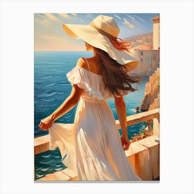 Woman in summer dress looking at the sea 17 Canvas Print