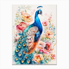 Storybook Style Floral Peacock Illustration 1 Canvas Print