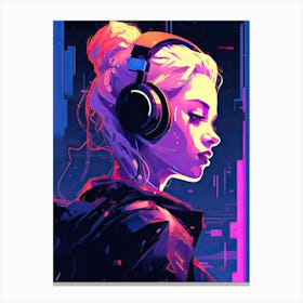 Girl With Headphones, Neon art Canvas Print