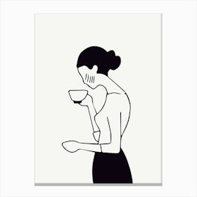 Black And White Drawing Of A Woman Drinking Coffee Fashion Monoline Canvas Print