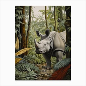 Rhino Peeking Out From Behind The Leaves 3 Canvas Print