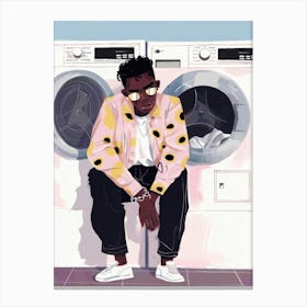 Man Sitting Next To Washing Machines Canvas Print