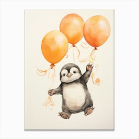 Penguin Flying With Autumn Fall Pumpkins And Balloons Watercolour Nursery 1 Canvas Print
