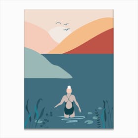 Woman Wild Swimming In Lake At Sunset Canvas Print