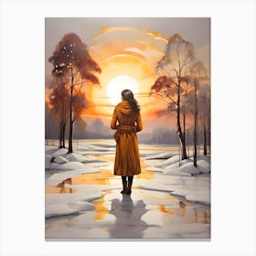 Woman Walking In The Snow . Canvas Print