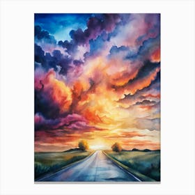 A Dramatic Sunset With Vivid Clouds And A Road Di Lienzos